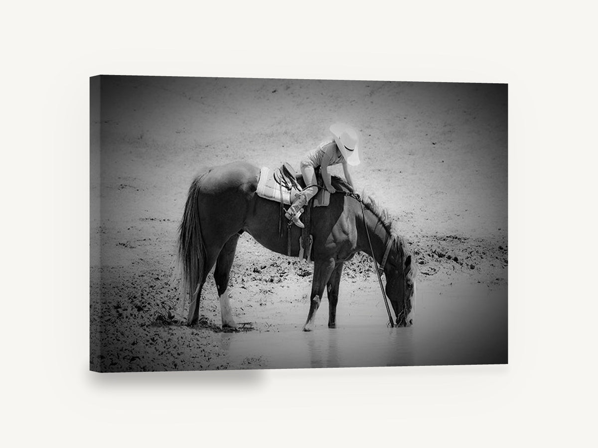Waterhole Rest, horse drinking cowgirl black and white photograph, animal canvas wall art print ready to hang