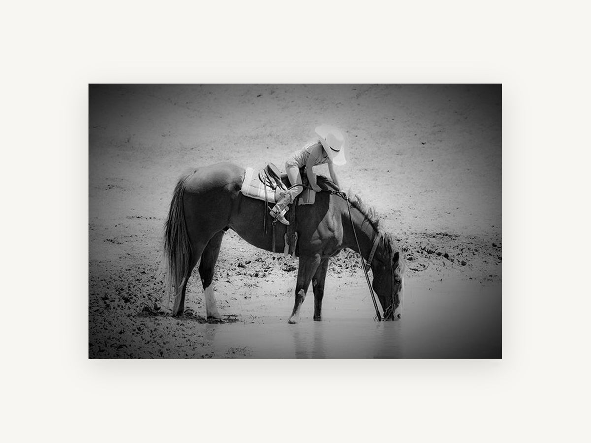 Waterhole Rest, horse drinking cowgirl black and white photograph, animal canvas wall art print, front view