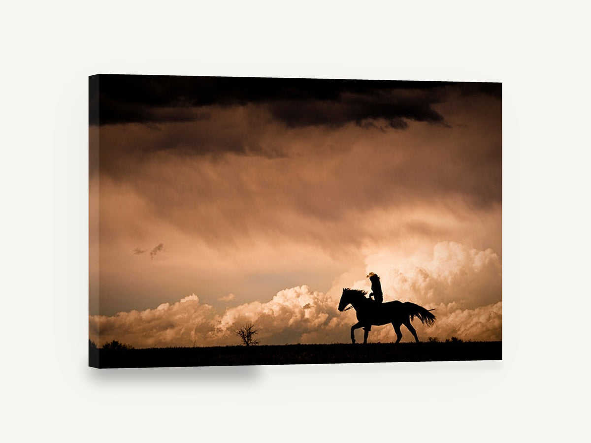 Storm Rider at Dusk, horse rider silhouette storm sky photograph, landscape canvas wall art print ready to hang