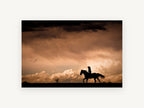 Storm Rider at Dusk, horse rider silhouette storm sky photograph, landscape canvas wall art print, front view