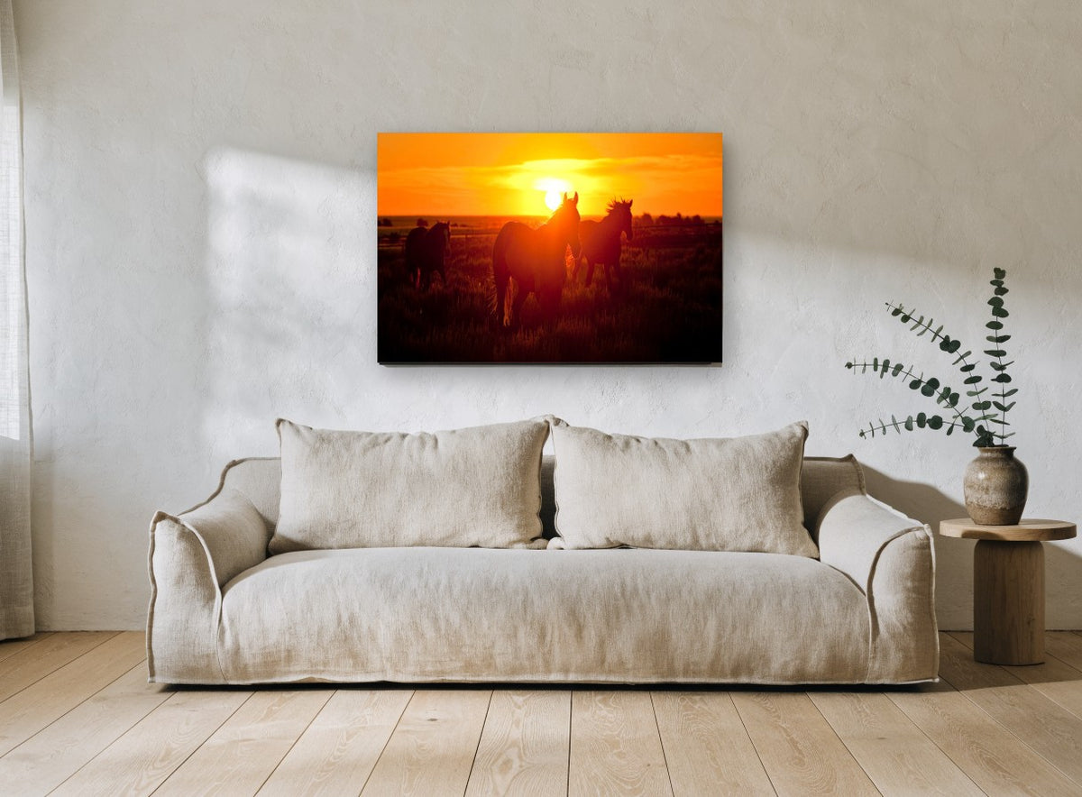 Horses at Sundown landscape canvas print on the wall of a living room