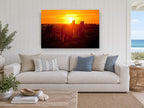 Horses at Sundown landscape canvas print on the wall of a beach house living room