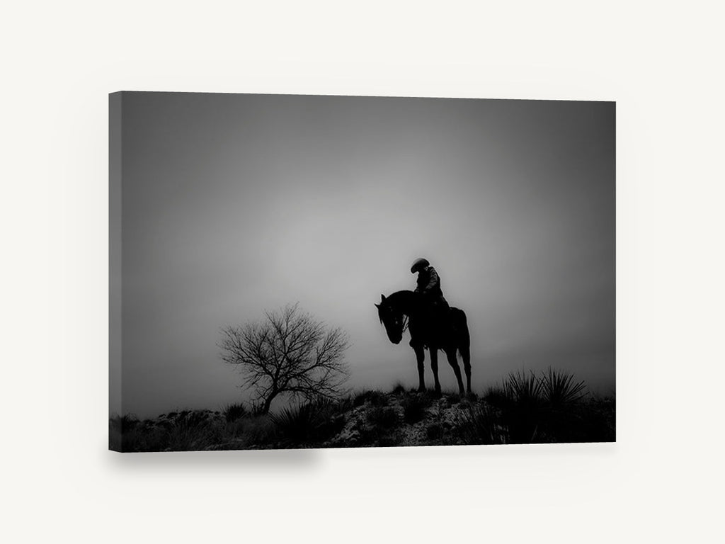Lone Rider at Dusk, black and white horse rider photograph, landscape canvas wall art print ready to hang