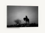 Lone Rider at Dusk, black and white horse rider photograph, landscape canvas wall art print ready to hang