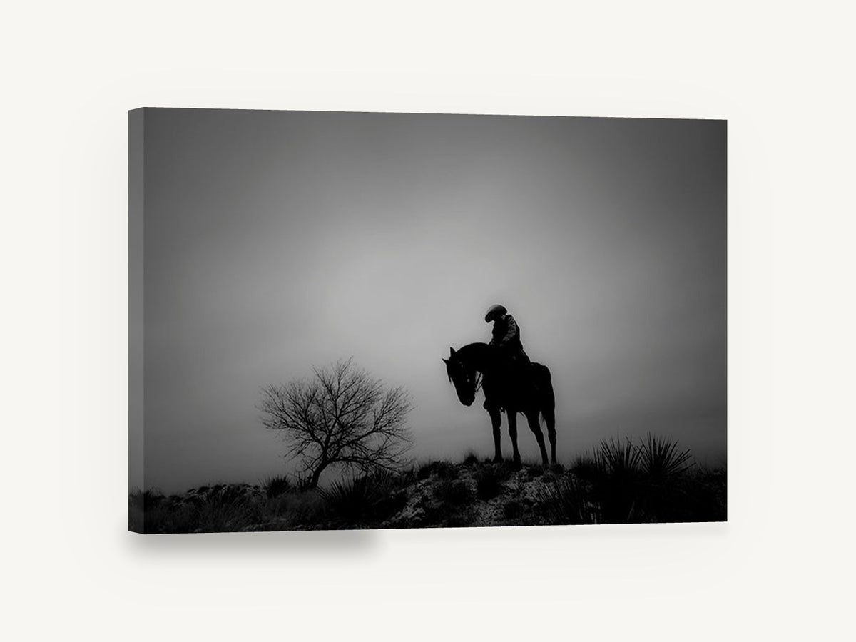 Lone Rider at Dusk, black and white horse rider photograph, landscape canvas wall art print ready to hang