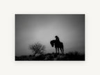 Lone Rider at Dusk, black and white horse rider photograph, landscape canvas wall art print, front view
