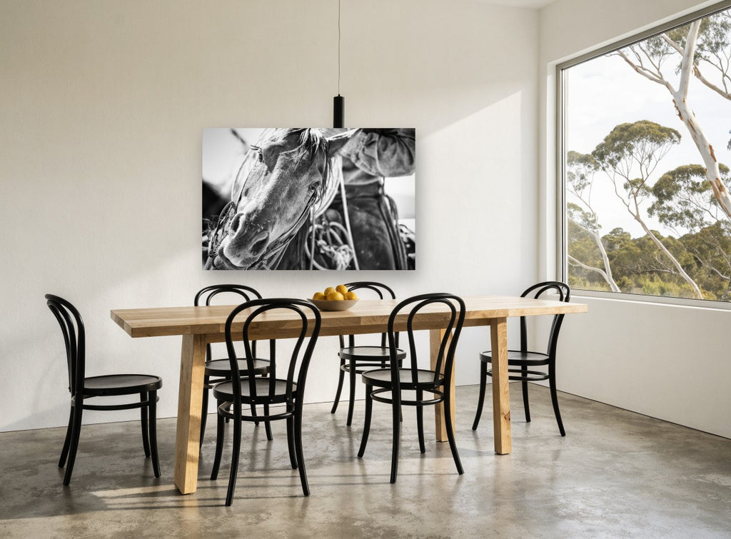 Working Horse Close-Up animal canvas print on the wall of a dining room