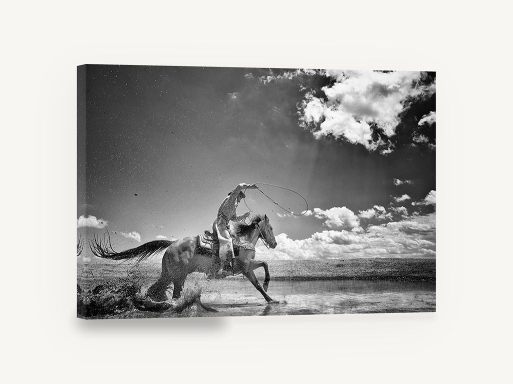Galloping Through Shallows, cowboy horse black and white photograph, animal canvas wall art print ready to hang