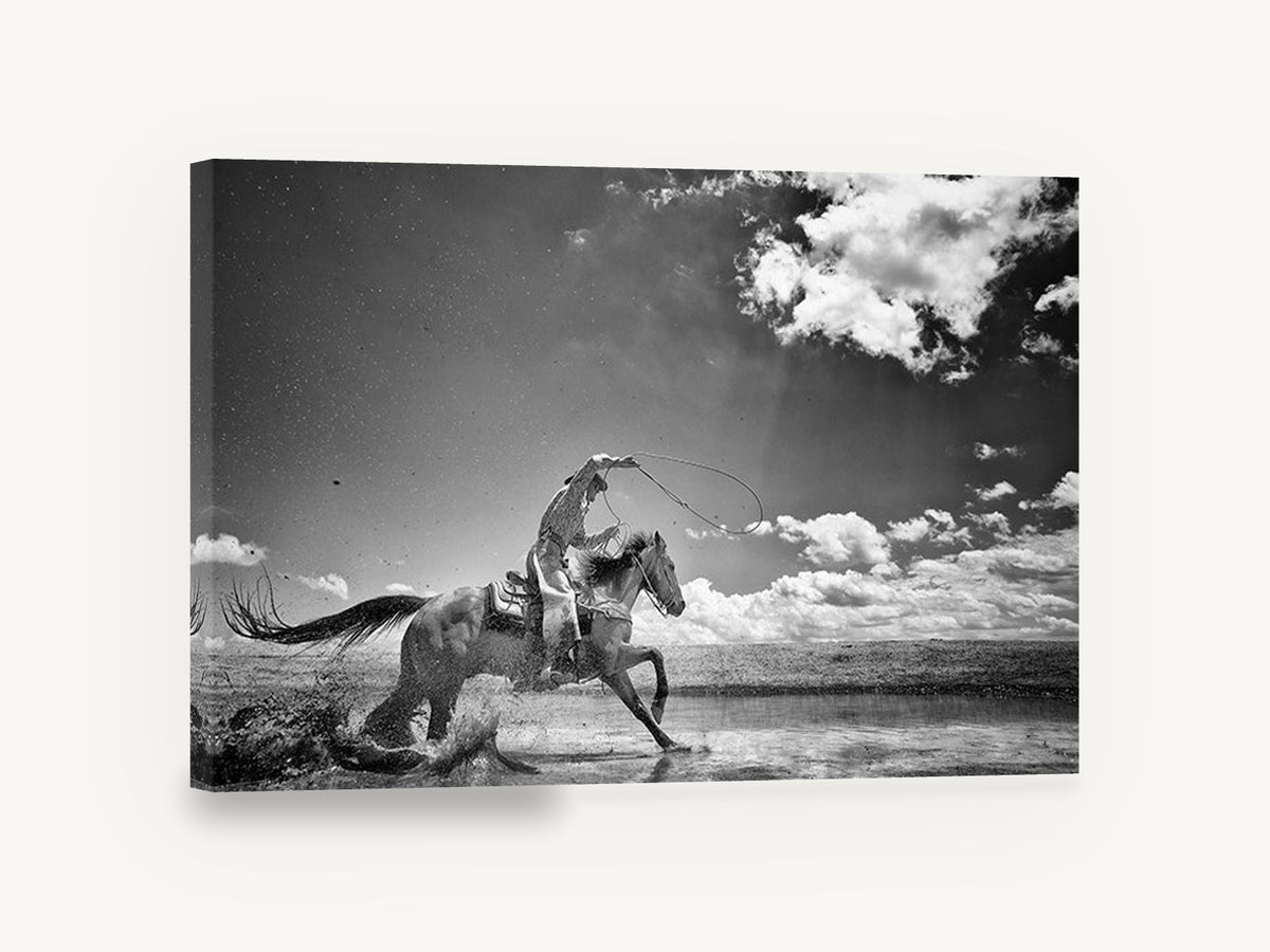 Galloping Through Shallows, cowboy horse black and white photograph, animal canvas wall art print ready to hang