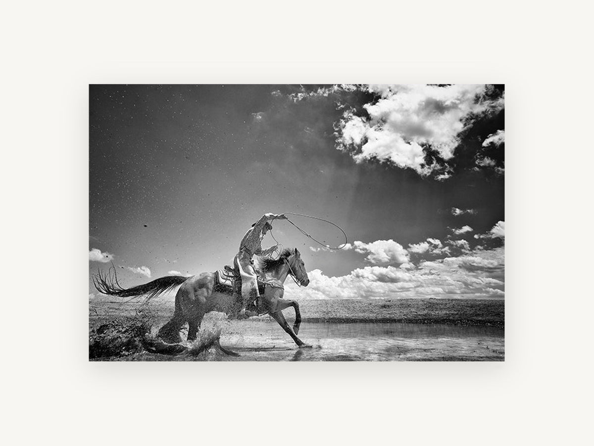 Galloping Through Shallows, cowboy horse black and white photograph, animal canvas wall art print, front view