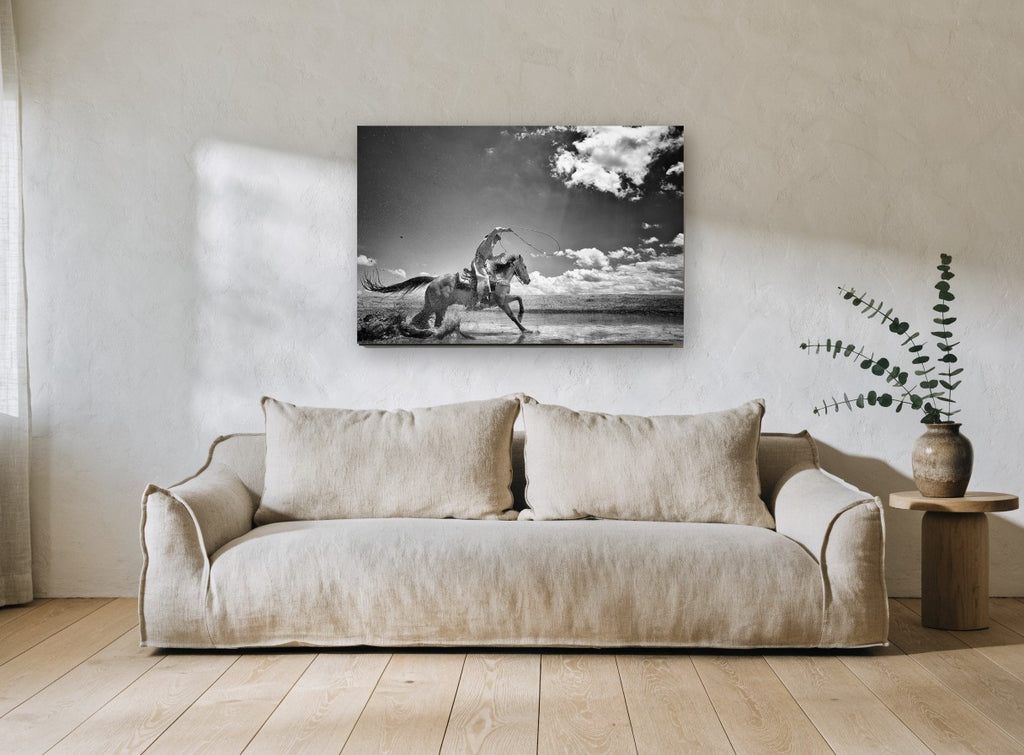 Galloping Through Shallows animal canvas print on the wall of a living room