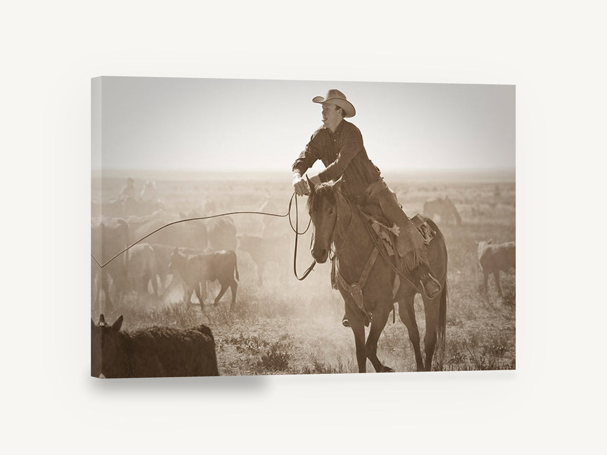 Dust and Cattle Rider, cowboy horse cattle sepia photograph, animal canvas wall art print ready to hang