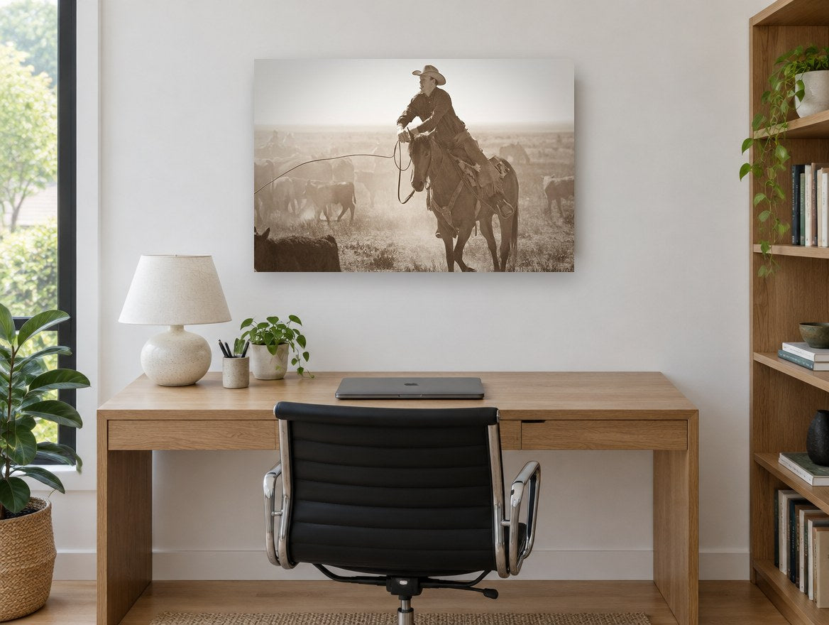 Dust and Cattle Rider animal canvas print on the wall of a study