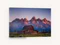 First Light Barn, mountain peaks old barn photograph, landscape canvas wall art print ready to hang