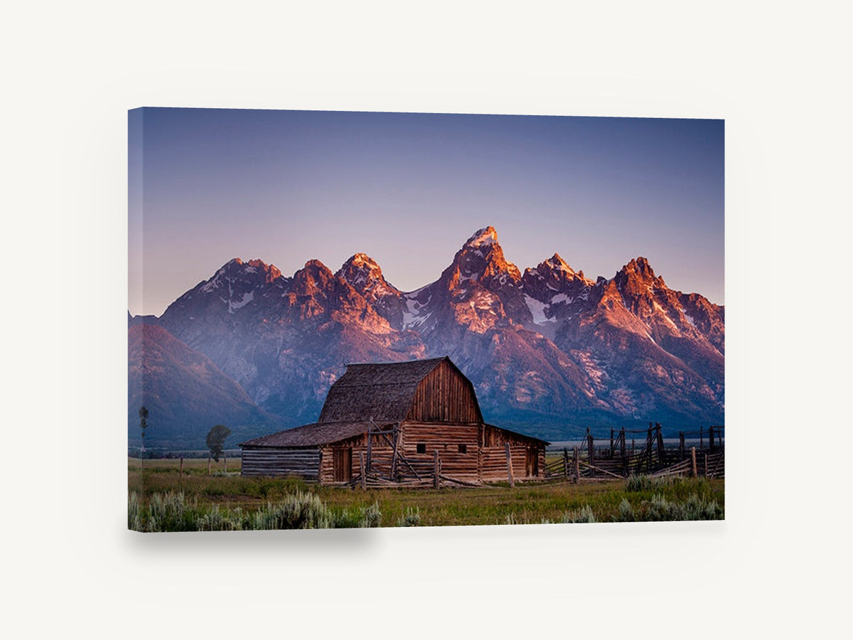 First Light Barn, mountain peaks old barn photograph, landscape canvas wall art print ready to hang
