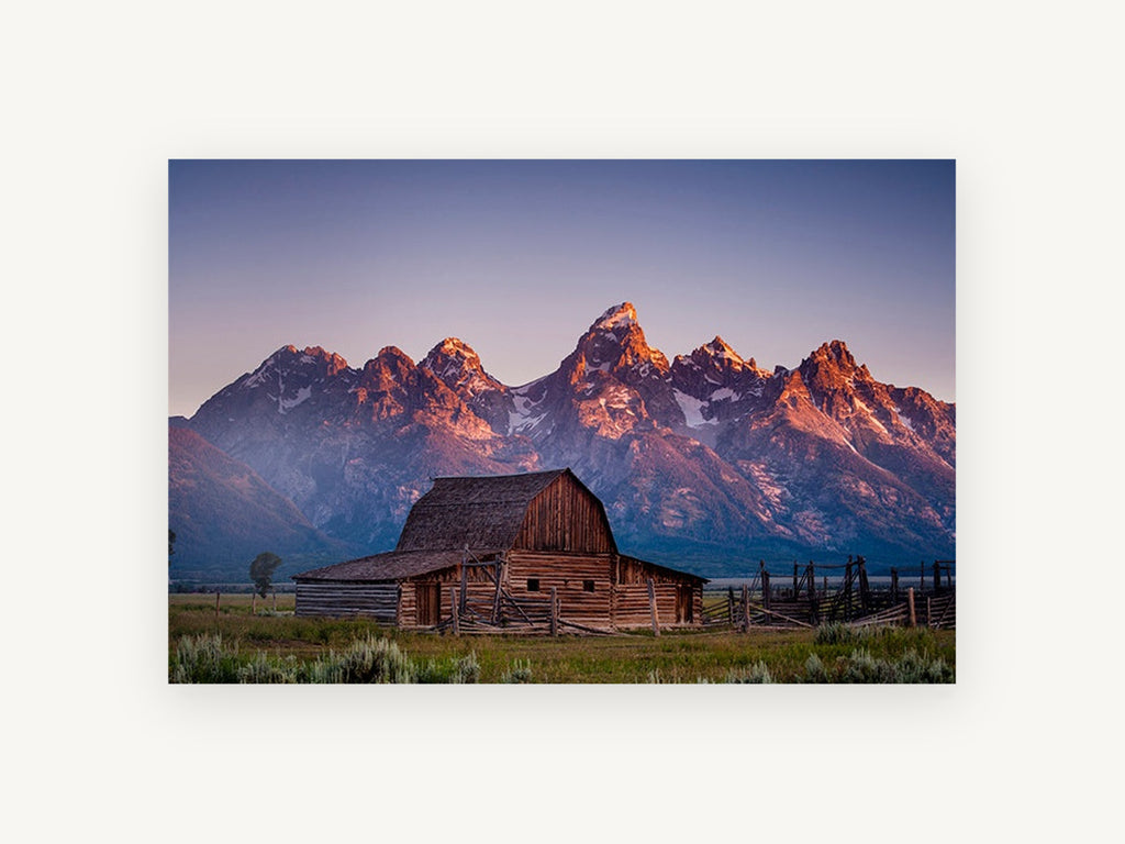 First Light Barn, mountain peaks old barn photograph, landscape canvas wall art print, front view
