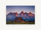 First Light Barn, mountain peaks old barn photograph, landscape canvas wall art print, front view