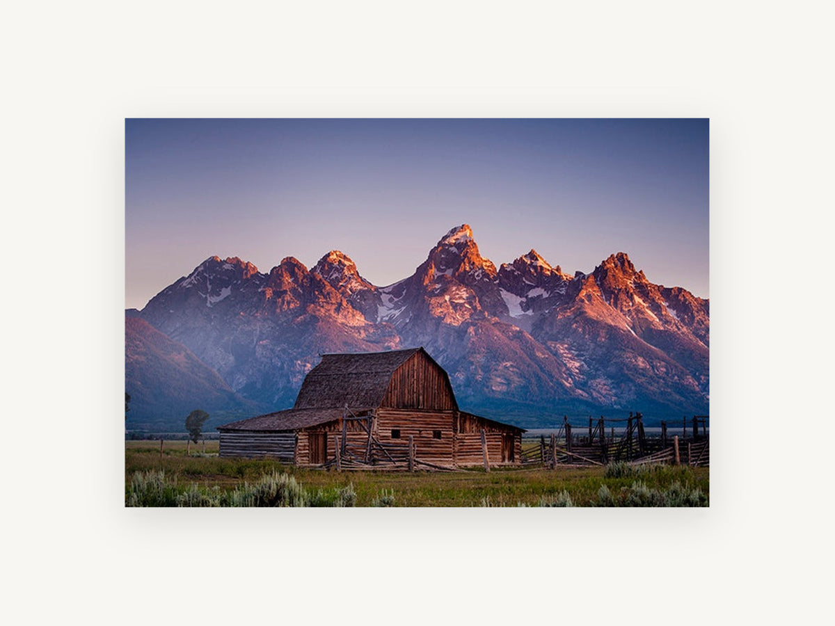 First Light Barn, mountain peaks old barn photograph, landscape canvas wall art print, front view