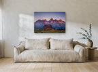 First Light Barn landscape canvas print on the wall of a living room