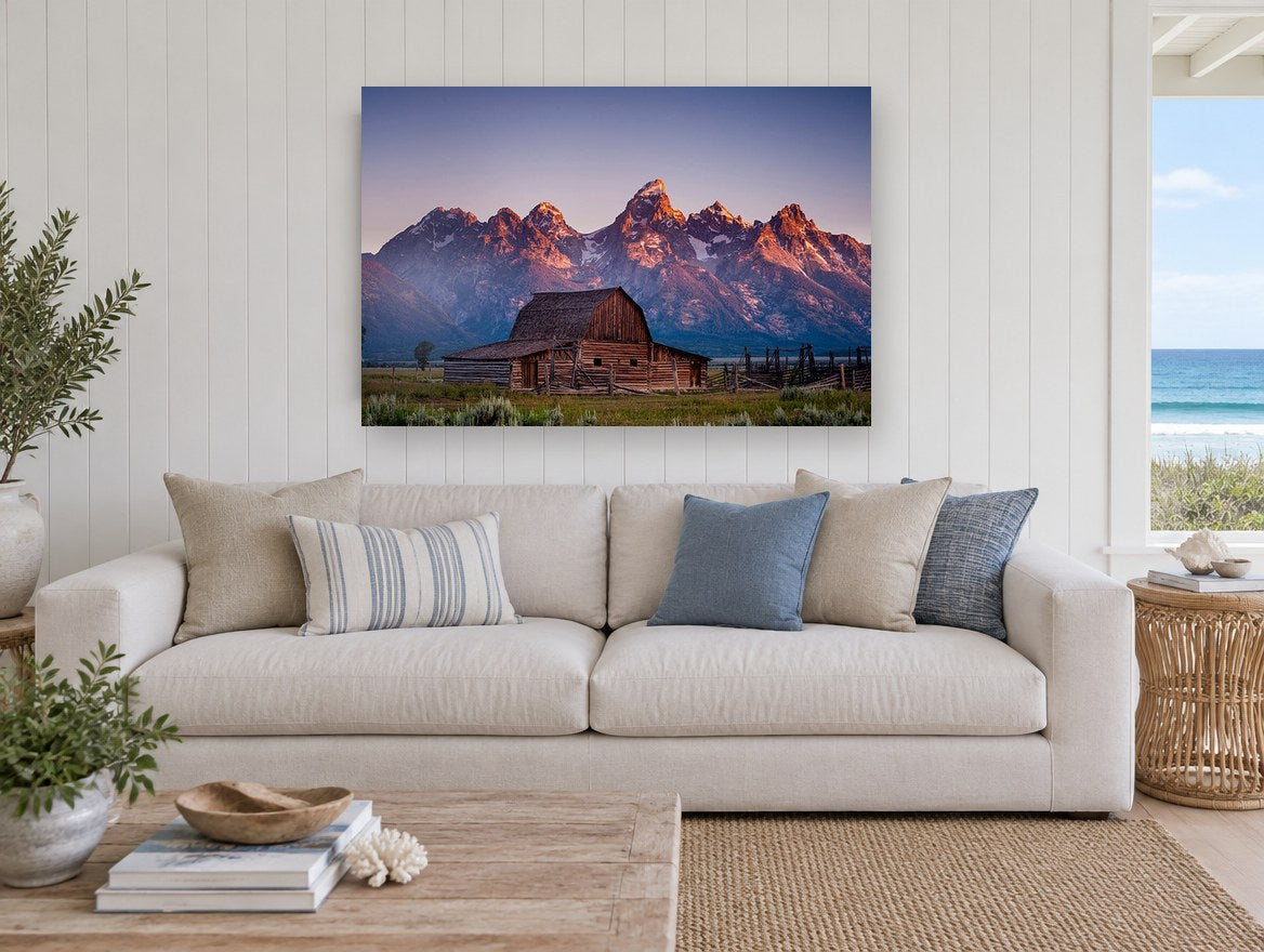 First Light Barn landscape canvas print on the wall of a beach house living room