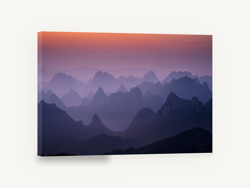Layered Peaks at Dawn, misty karst mountains sunrise photograph, landscape canvas wall art print ready to hang