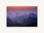 Layered Peaks at Dawn, misty karst mountains sunrise photograph, landscape canvas wall art print, front view