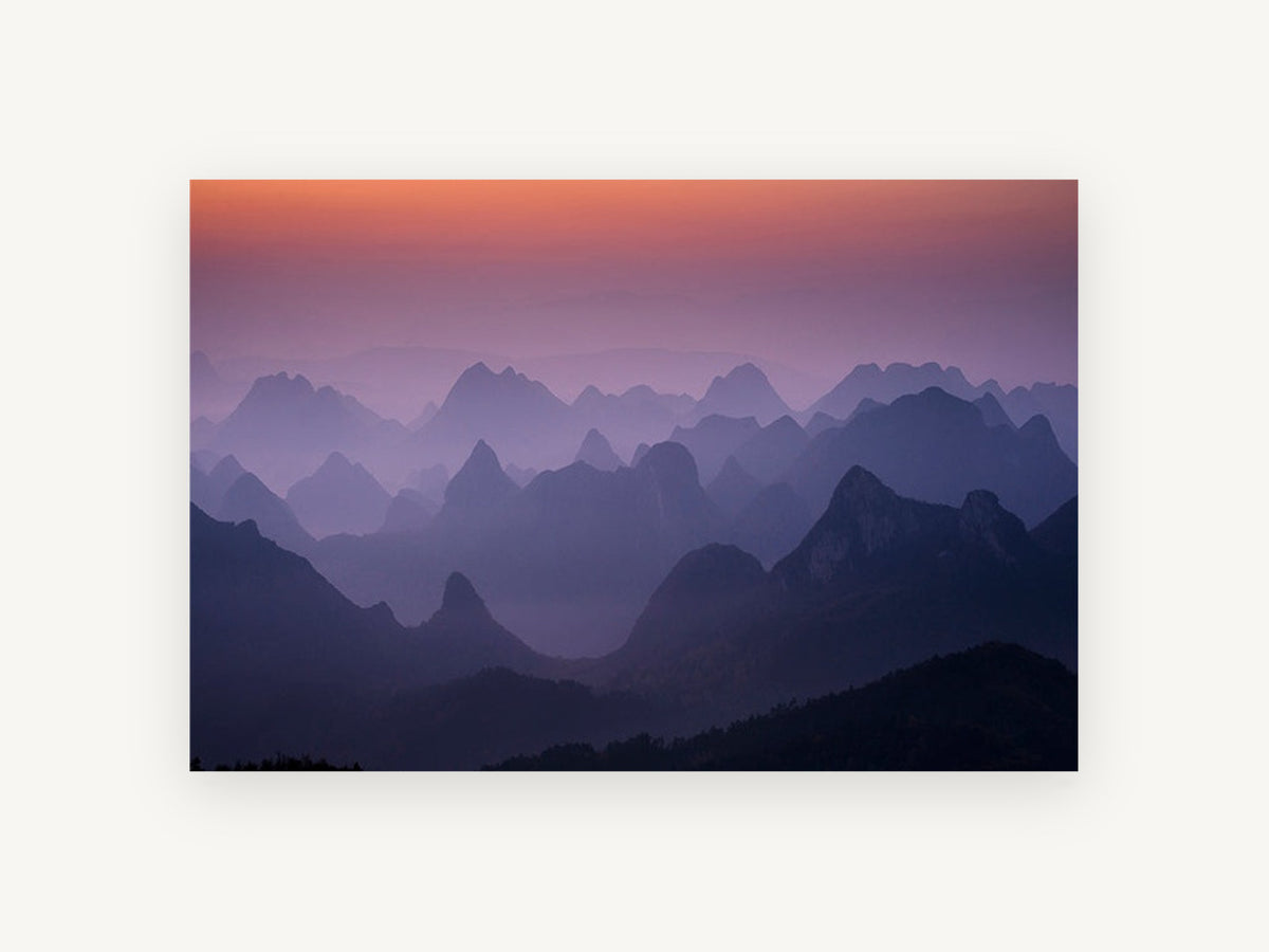 Layered Peaks at Dawn, misty karst mountains sunrise photograph, landscape canvas wall art print, front view