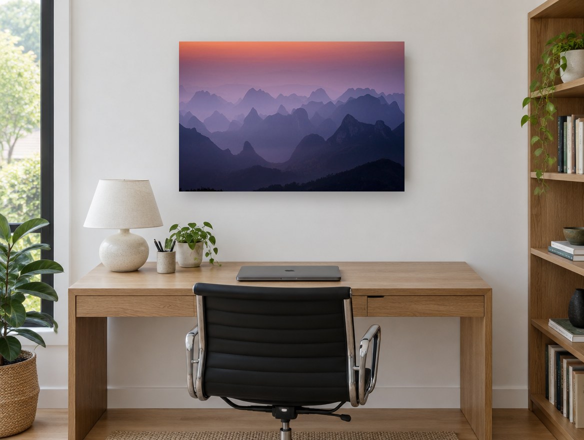 Layered Peaks at Dawn landscape canvas print on the wall of a study