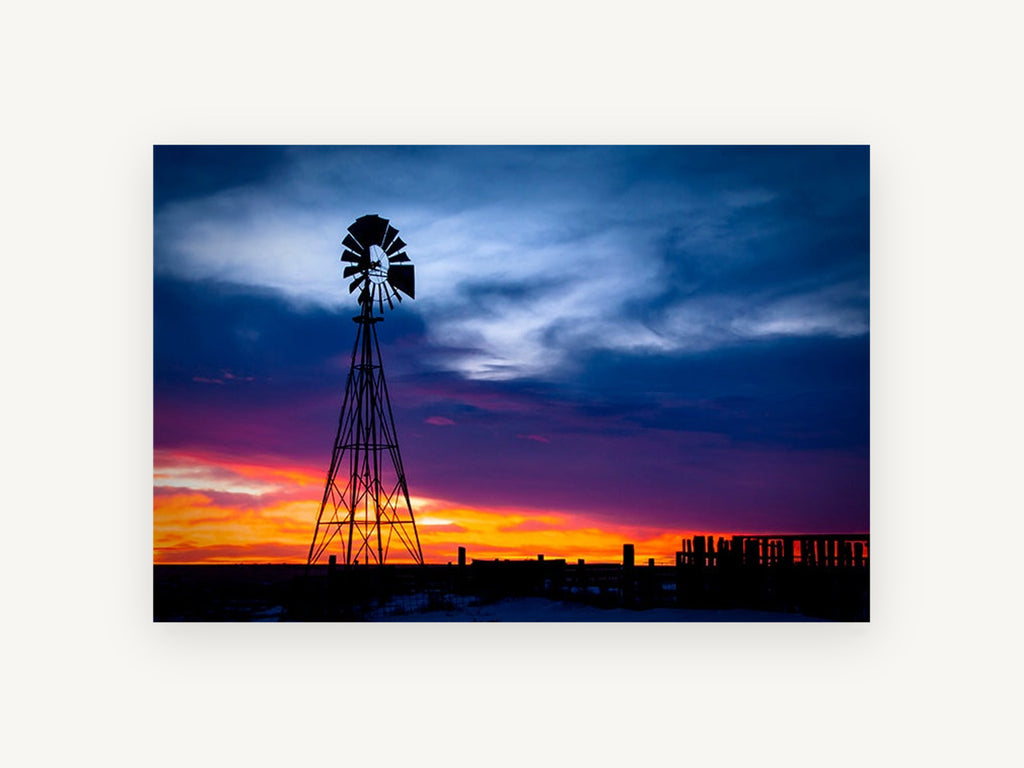 Windmill at Dusk Glow, windmill silhouette sunset photograph, landscape canvas wall art print, front view