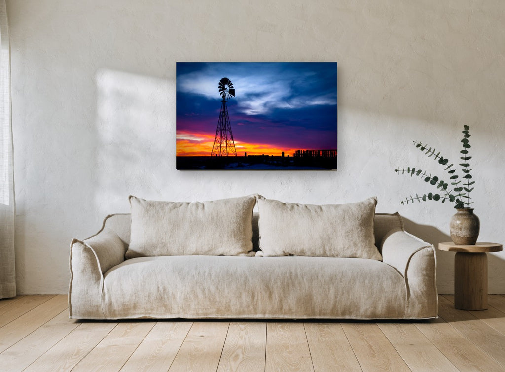 Windmill at Dusk Glow landscape canvas print on the wall of a living room