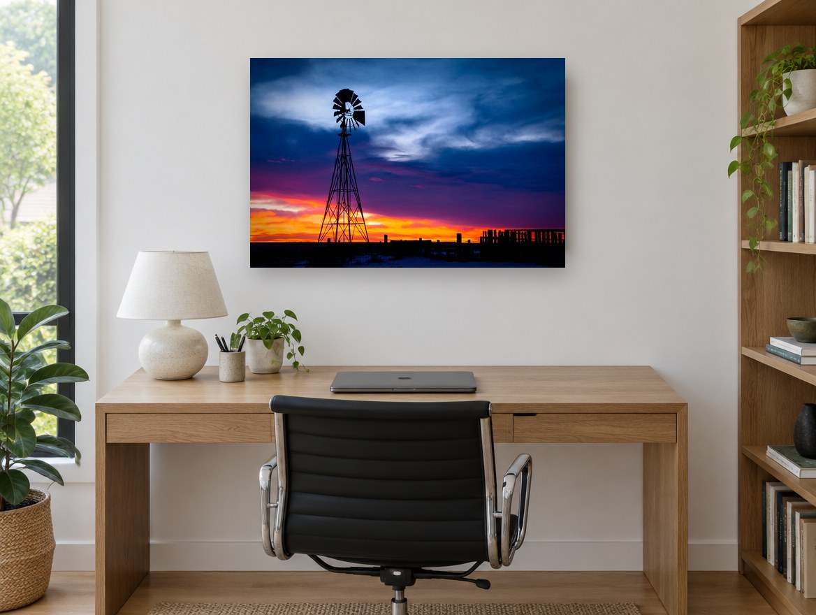 Windmill at Dusk Glow landscape canvas print on the wall of a study