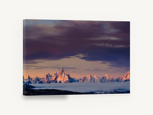 Alpenglow Above the Fog, pink alpenglow mountain range photograph, landscape canvas wall art print ready to hang