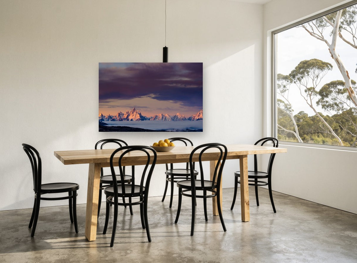 Alpenglow Above the Fog landscape canvas print on the wall of a dining room