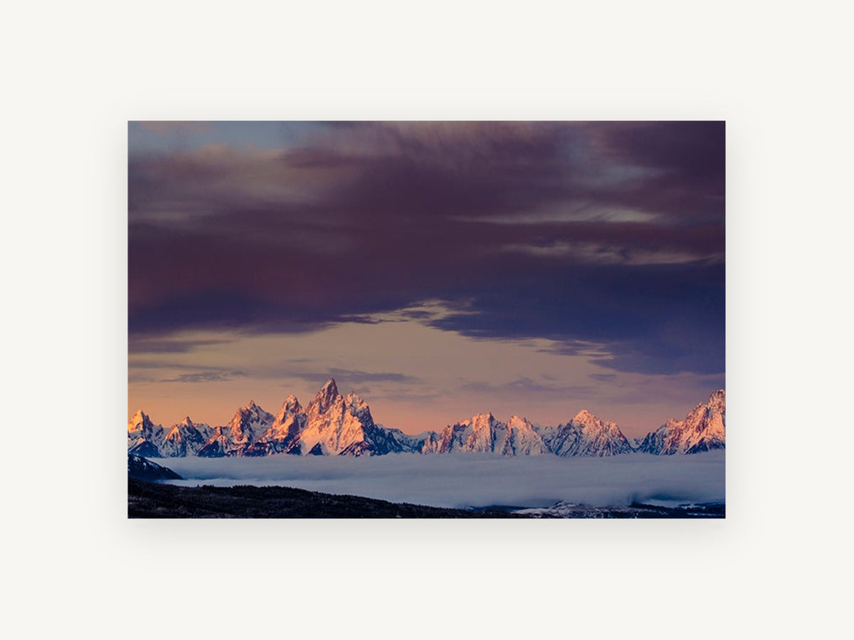 Alpenglow Above the Fog, pink alpenglow mountain range photograph, landscape canvas wall art print, front view