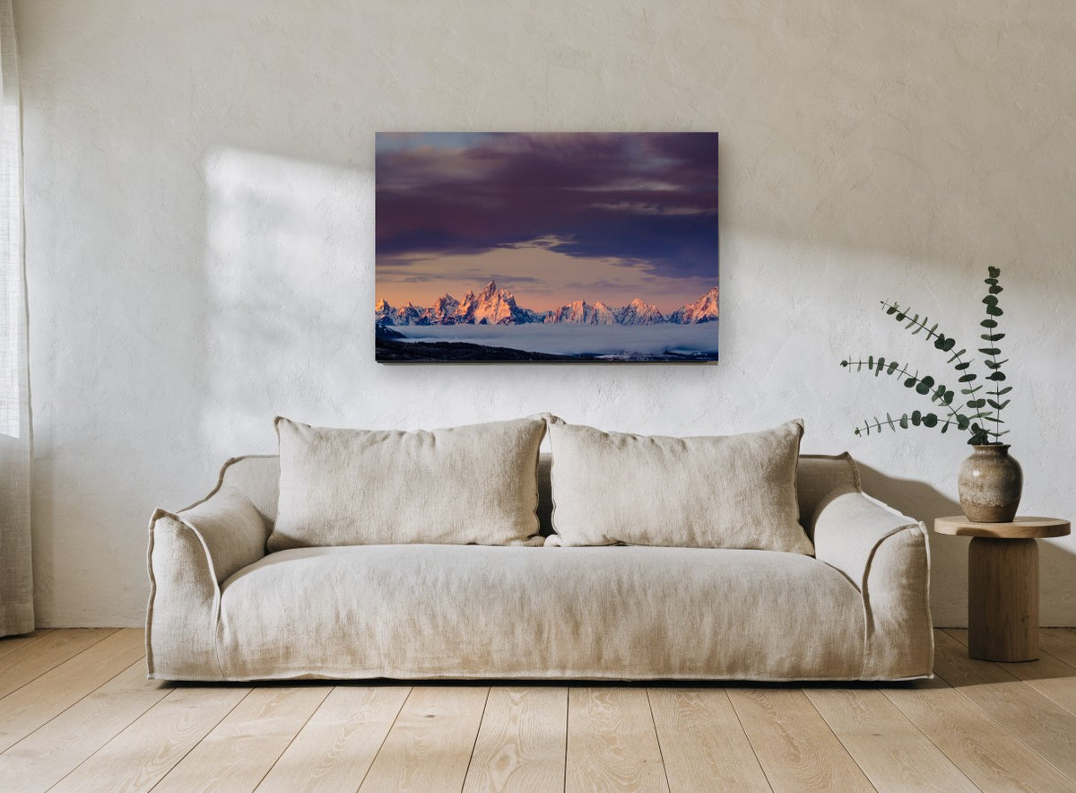 Alpenglow Above the Fog landscape canvas print on the wall of a living room