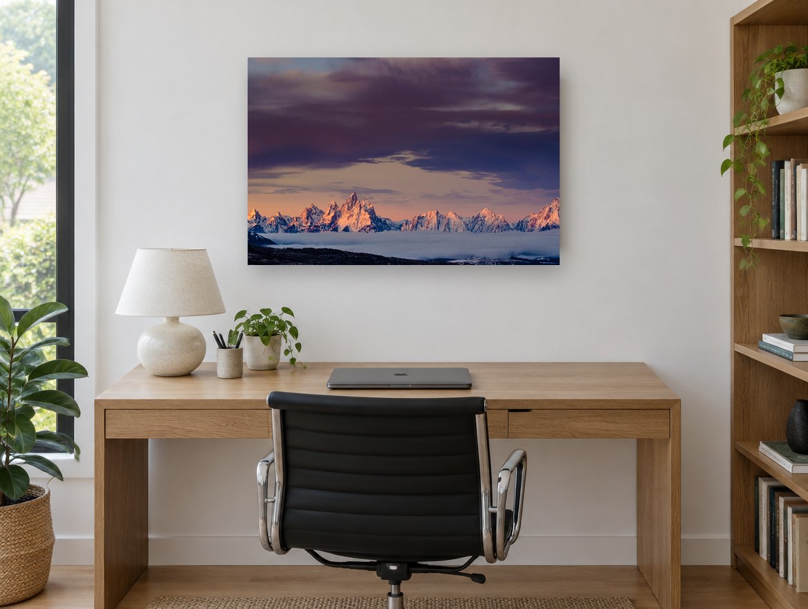 Alpenglow Above the Fog landscape canvas print on the wall of a study
