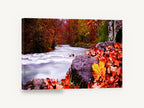 Crimson Creek Bend, autumn river forest leaves photograph, landscape canvas wall art print ready to hang