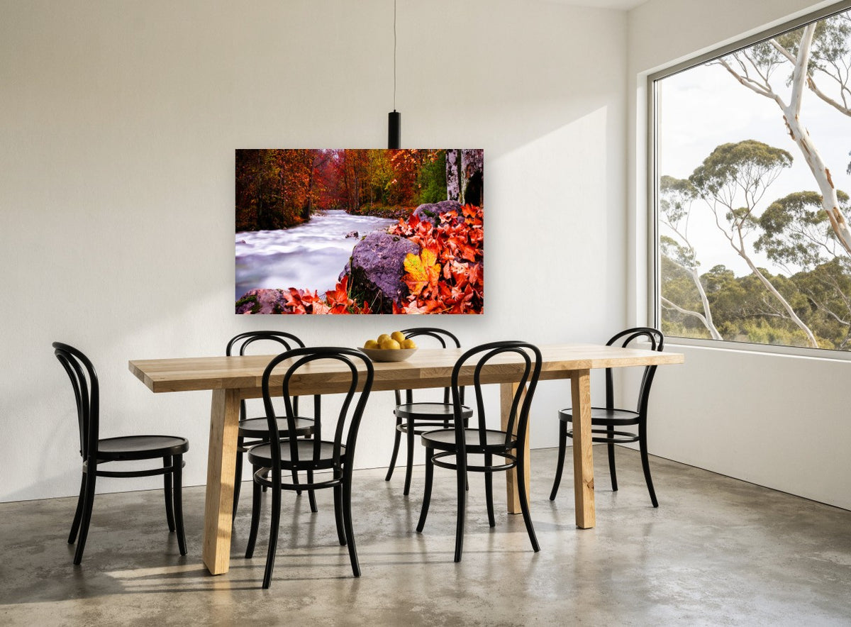 Crimson Creek Bend landscape canvas print on the wall of a dining room