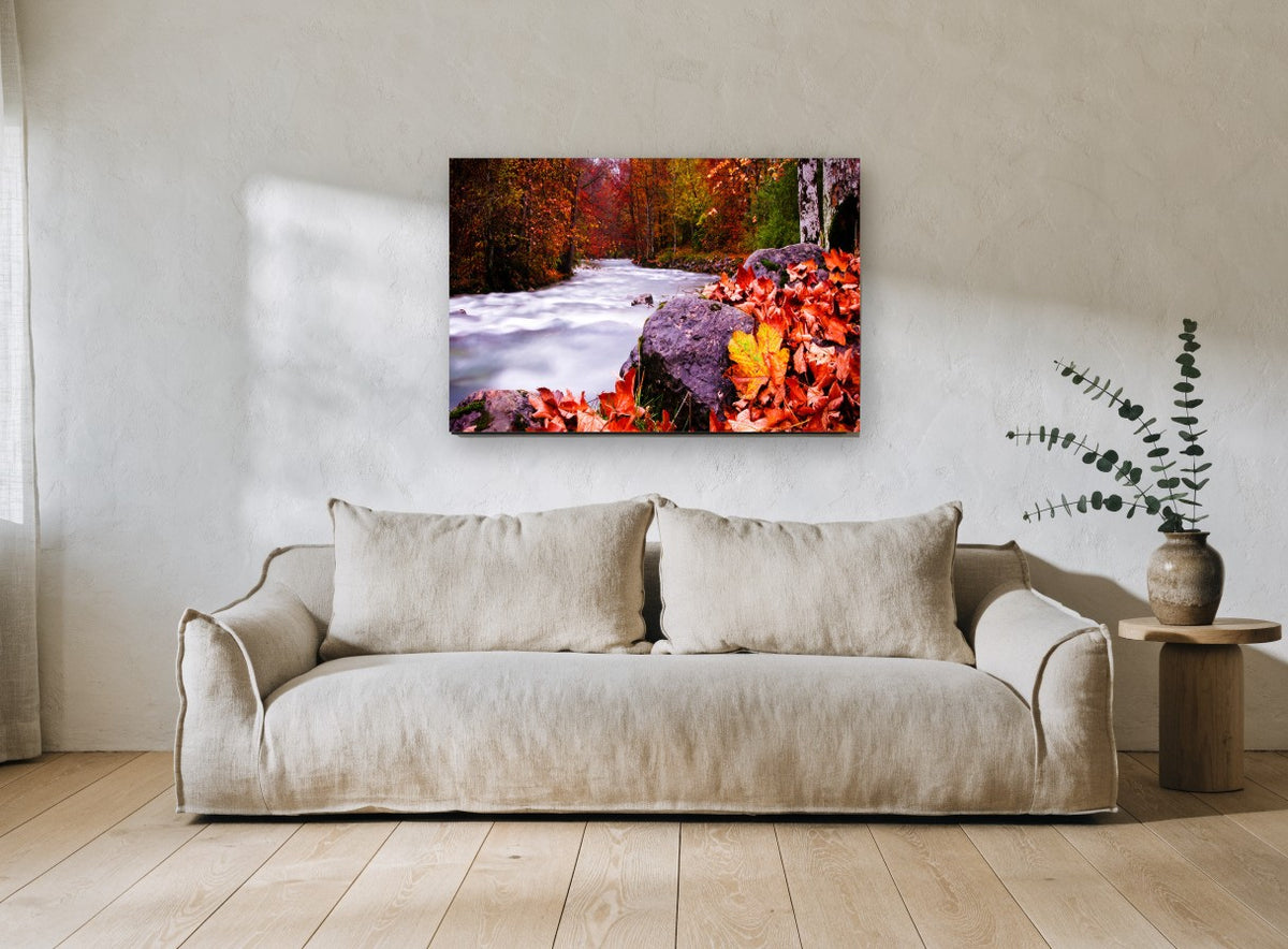 Crimson Creek Bend landscape canvas print on the wall of a living room
