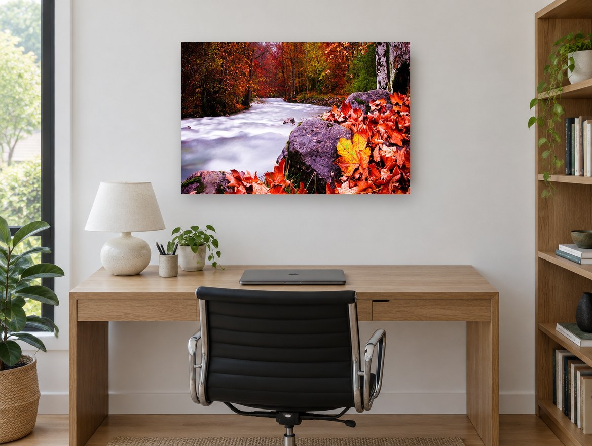 Crimson Creek Bend landscape canvas print on the wall of a study