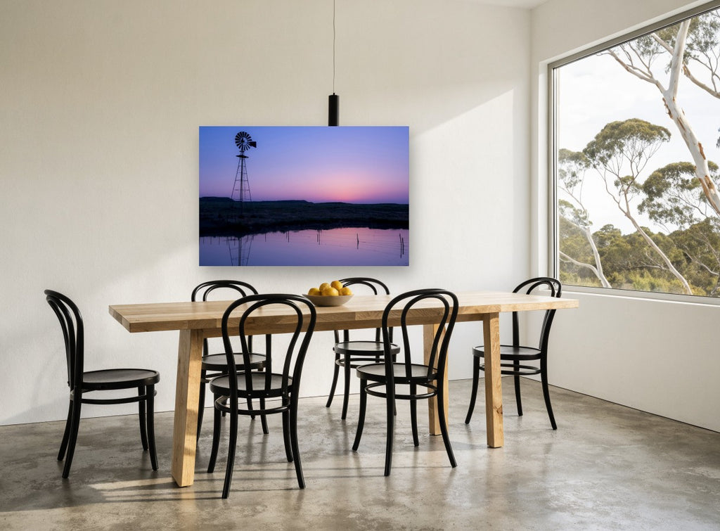 Violet Pond Windmill landscape canvas print on the wall of a dining room