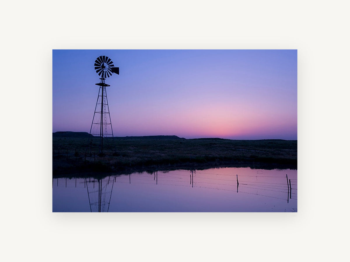 Violet Pond Windmill, windmill sunset pond reflection photograph, landscape canvas wall art print, front view