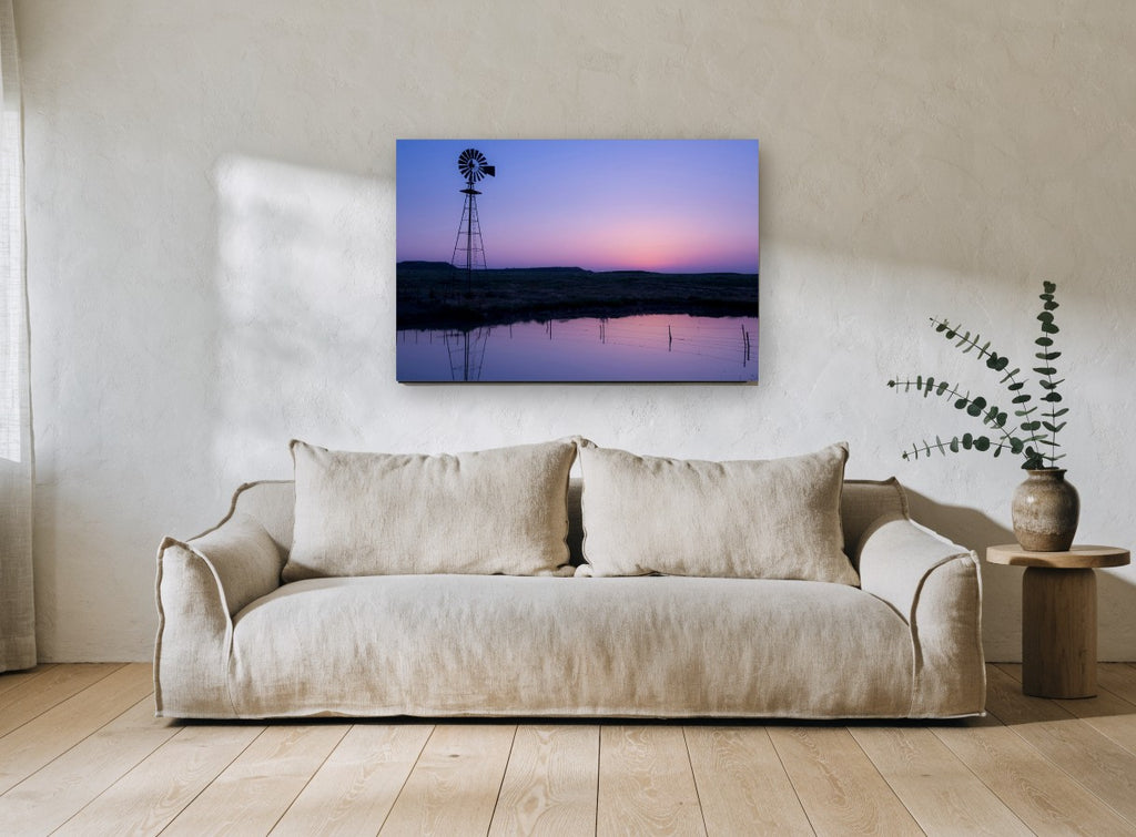 Violet Pond Windmill landscape canvas print on the wall of a living room