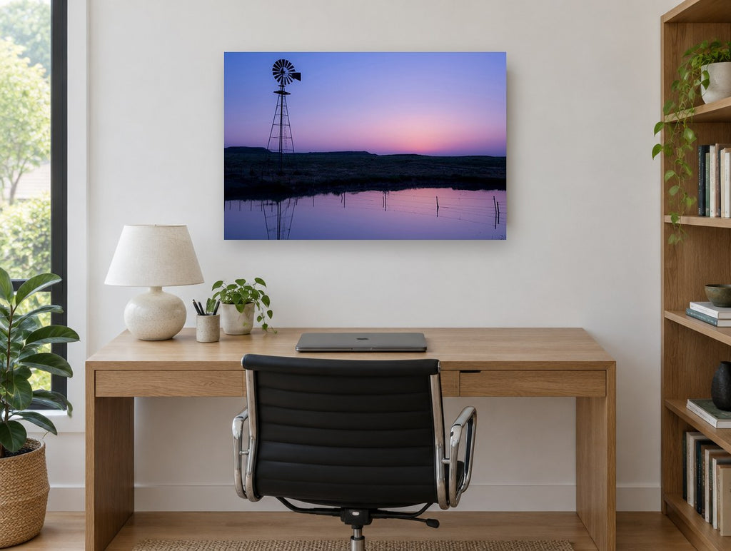 Violet Pond Windmill landscape canvas print on the wall of a study