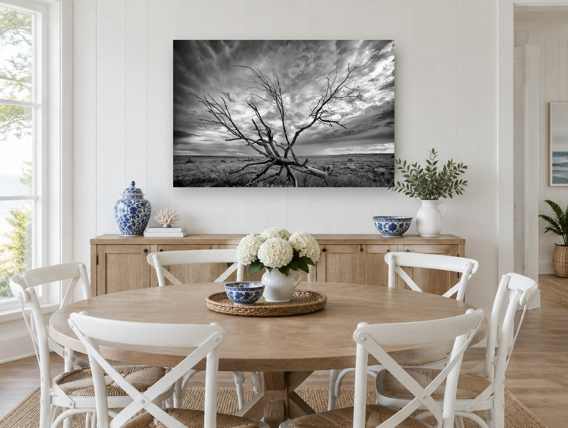 Bare Branches Storm landscape canvas print on the wall of a Hamptons dining room