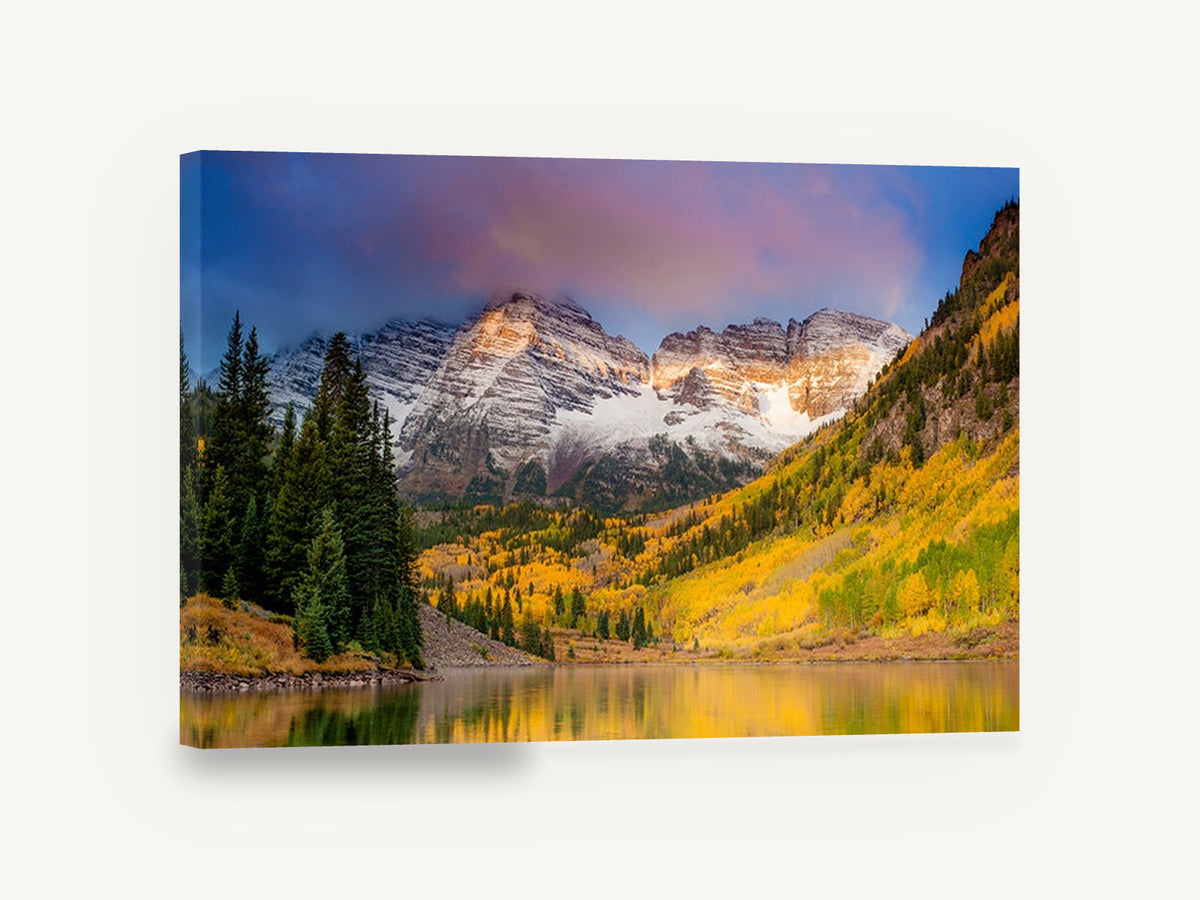 Golden Aspen Peaks, autumn aspen mountain lake photograph, landscape canvas wall art print ready to hang