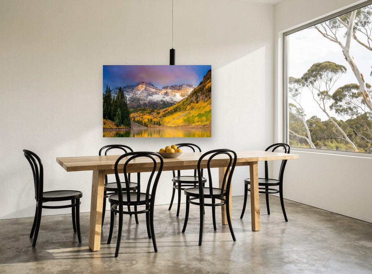 Golden Aspen Peaks landscape canvas print on the wall of a dining room