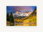 Golden Aspen Peaks, autumn aspen mountain lake photograph, landscape canvas wall art print, front view