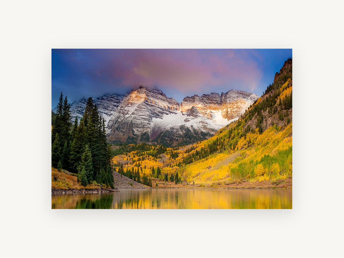 Golden Aspen Peaks, autumn aspen mountain lake photograph, landscape canvas wall art print, front view