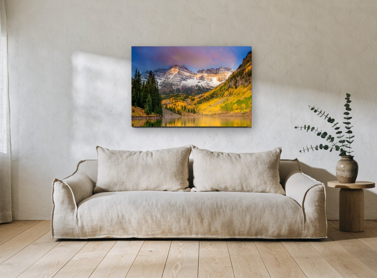 Golden Aspen Peaks landscape canvas print on the wall of a living room